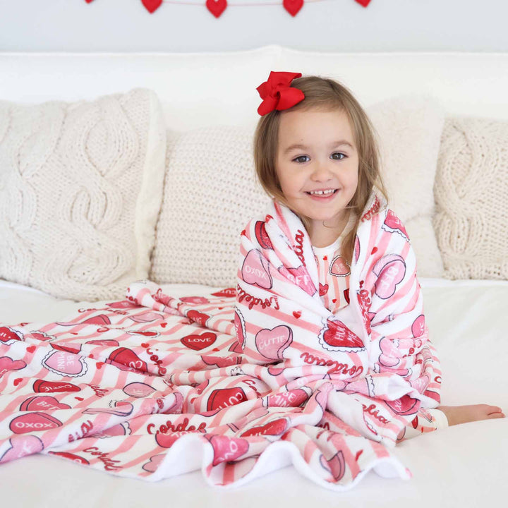 sweet like candy personalized kids blanket in pink with matching two piece pajamas