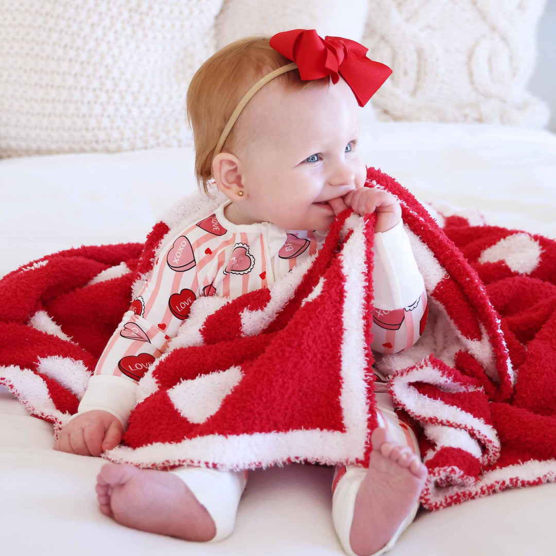 reversible red and white heart plush valentine's day blanket for babies and toddlers