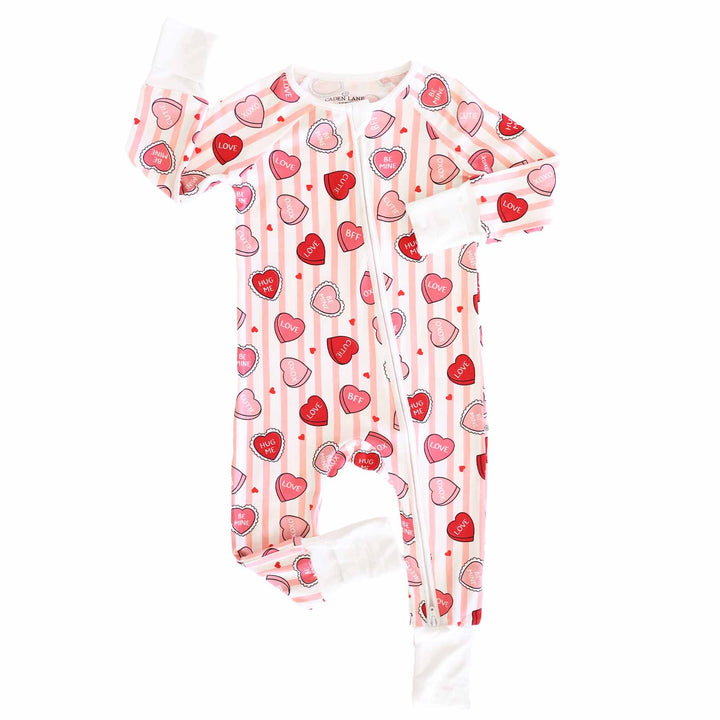 valentine's day convertible zip romper pajama with pink stripes and candy hearts with flip mitts and footies 