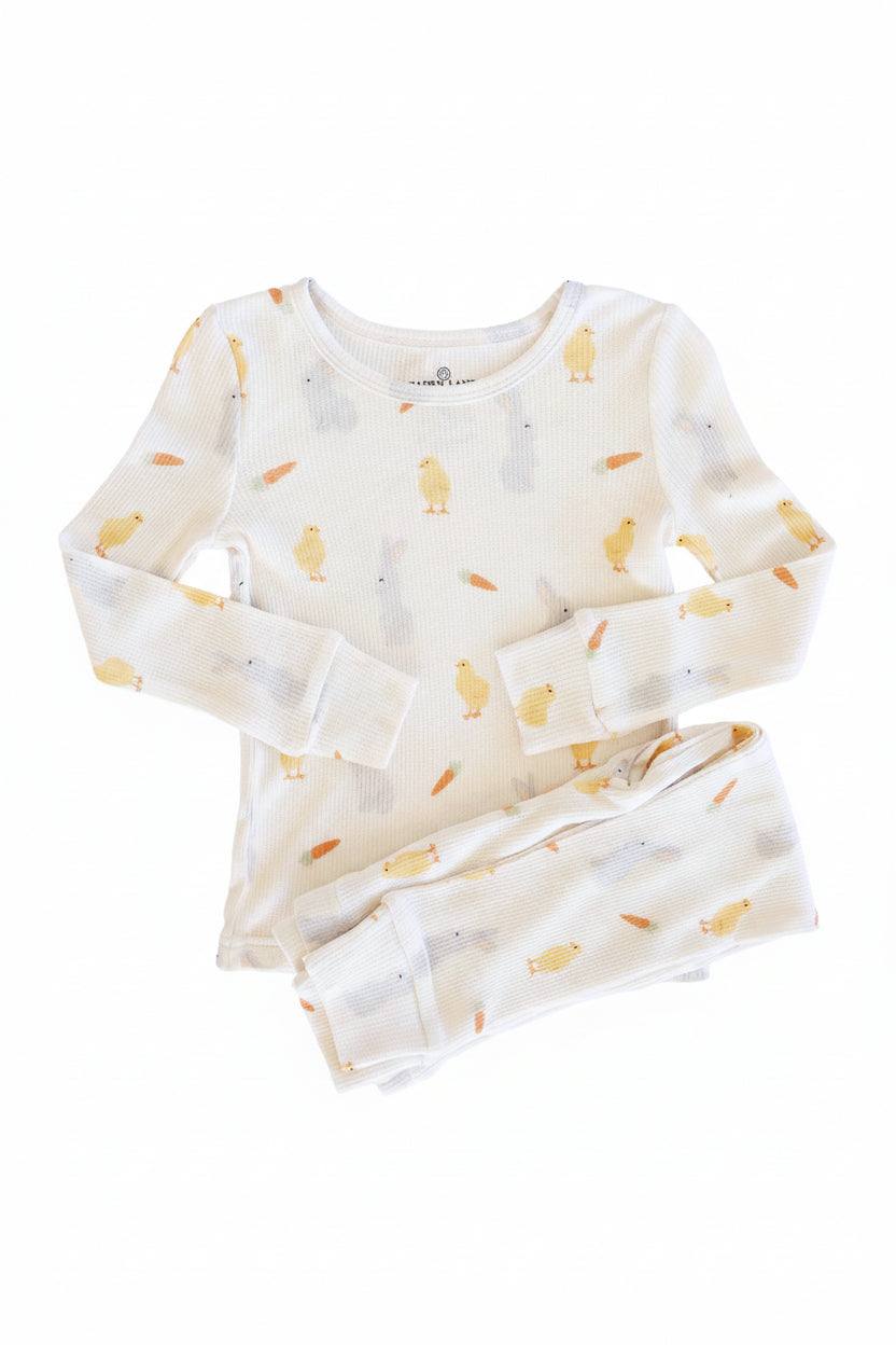 gender neutral easter two piece pajama set with bamboo waffle fabric 