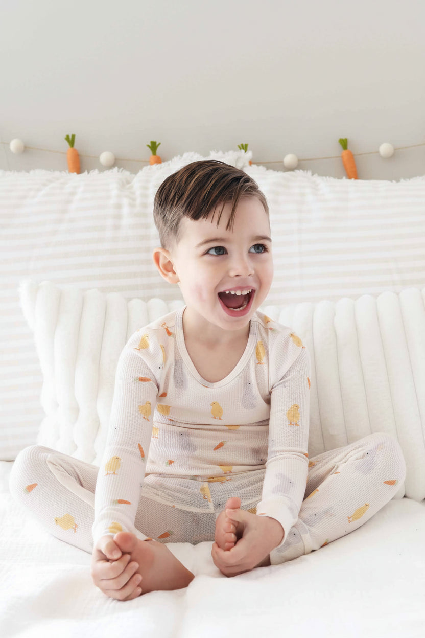 sweet peep bamboo waffle two piece pajama set for kids neutral easter pajamas