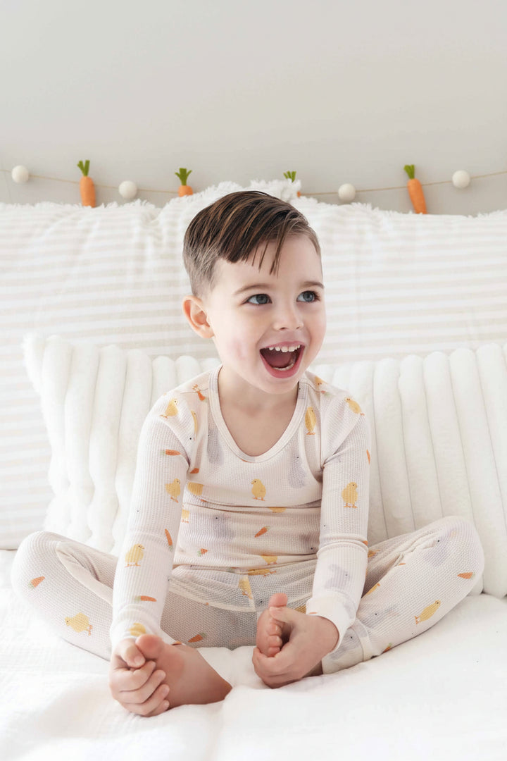 sweet peep bamboo waffle two piece pajama set for kids neutral easter pajamas