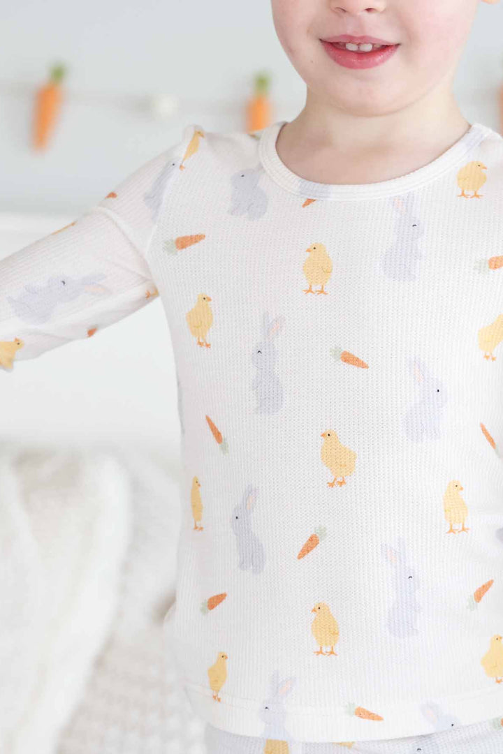 closeup of sweet peep easter bamboo waffle two piece pajama set for kids 