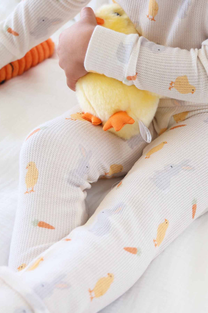easter bamboo waffle two piece pajama set for kids with chicks, carrots and bunnies 