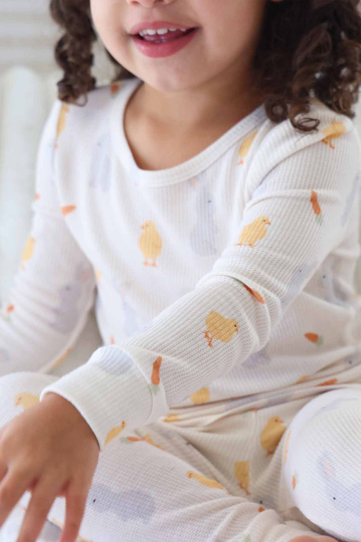 closeup of sweet peep bamboo waffle two piece pajama set 