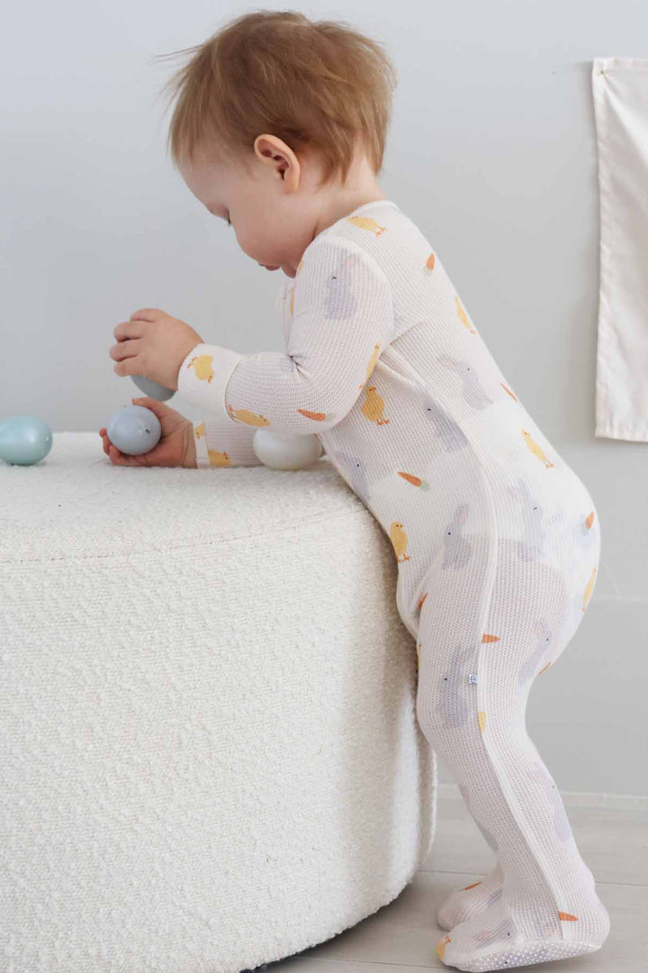 bamboo waffle baby zipper footie with neutral easter print 