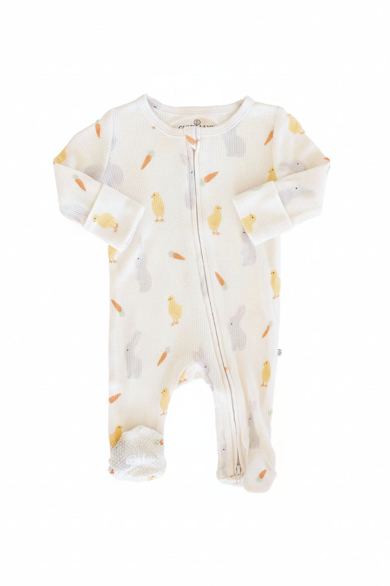 white bamboo waffle zipper footie pajama with carrots, chicks and bunnies 