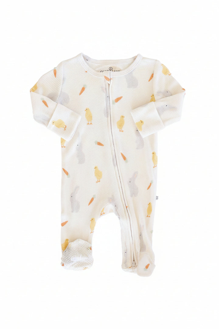 white bamboo waffle zipper footie pajama with carrots, chicks and bunnies 