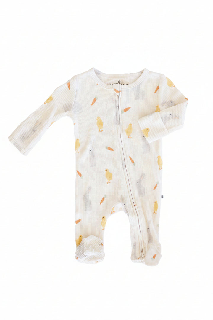 long sleeve bamboo waffle footie with neutral easter print 