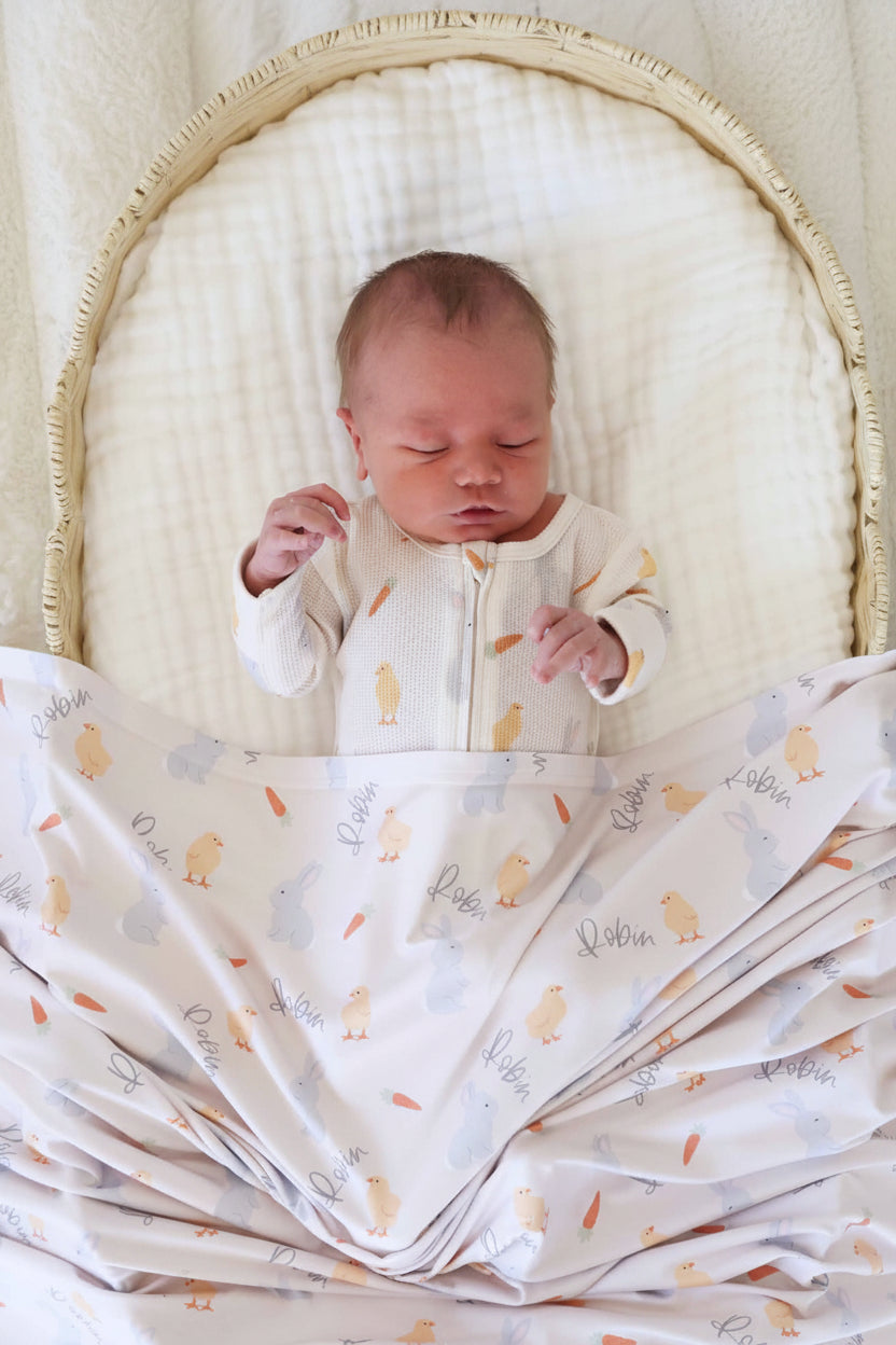 sweet peep personalized swaddle blanket for newborns with chicks, bunnies and carrots for easter