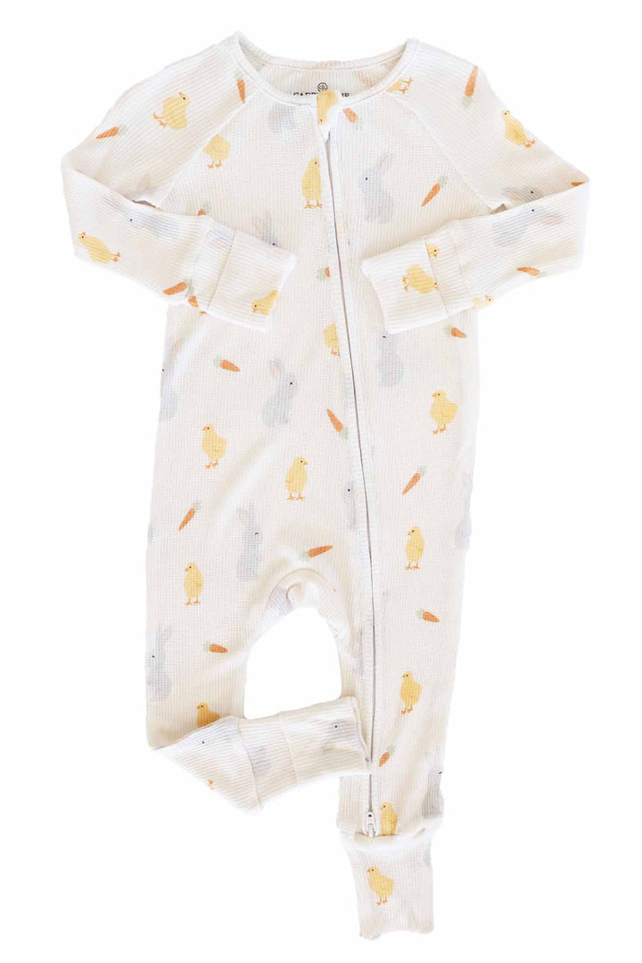 long sleeve bamboo waffle convertible zip romper in sweet peep print 