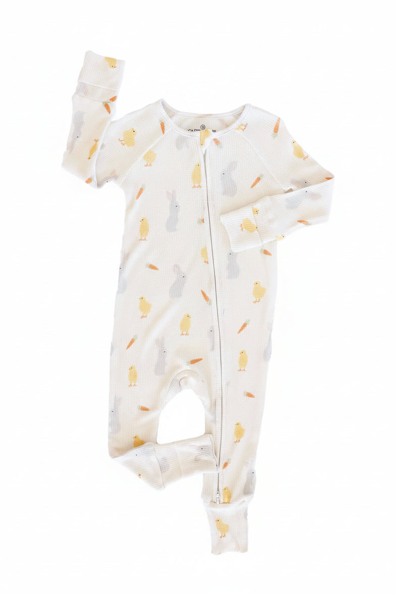 neutral easter bunny, chick and carrot zip romper pajama 