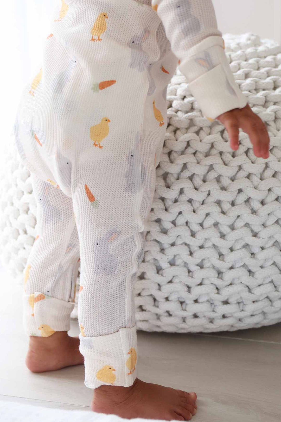 closeup of legs of sweet peep convertible zip romper pajama 