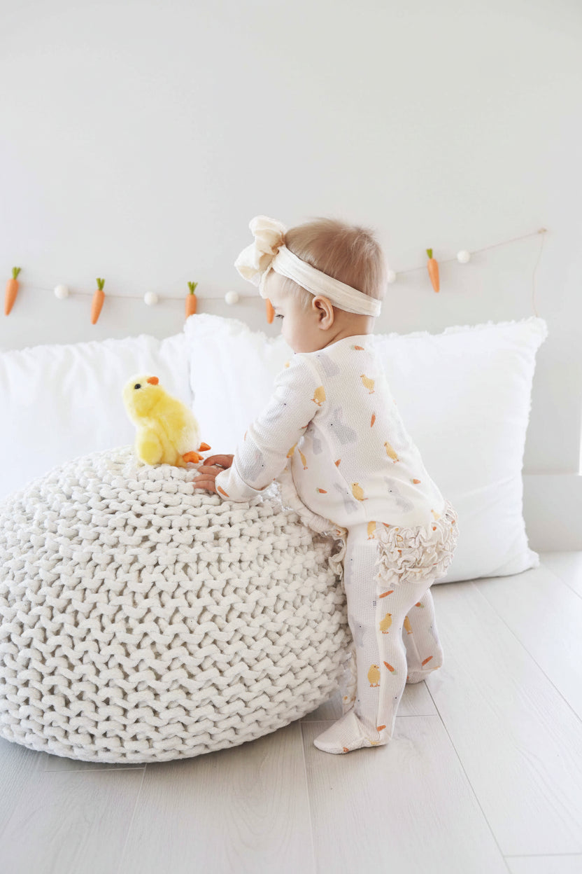 chickadee, bunny and carrot ruffle bottom zipper footie for baby girls for easter 