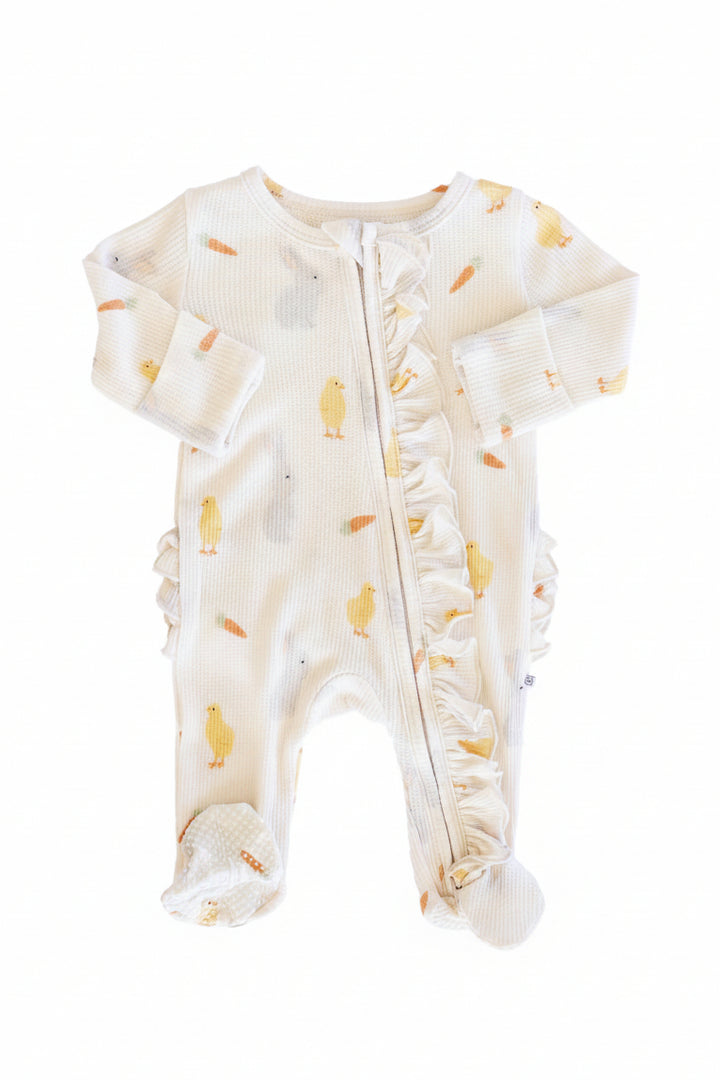 sweet peep bamboo waffle ruffle zipper footie for girls 