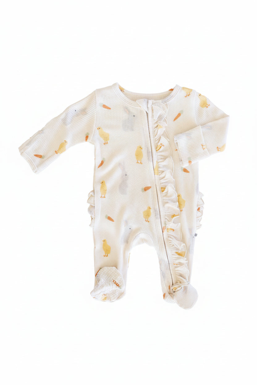neutral easter ruffle bottom zipper footie for baby girls 
