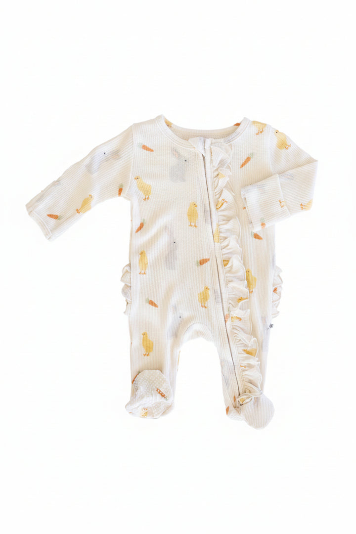 neutral easter ruffle bottom zipper footie for baby girls 