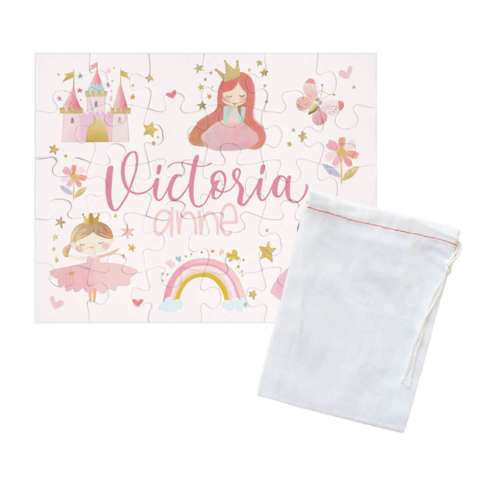princess themed personalized puzzle for kids with a drawstring bag