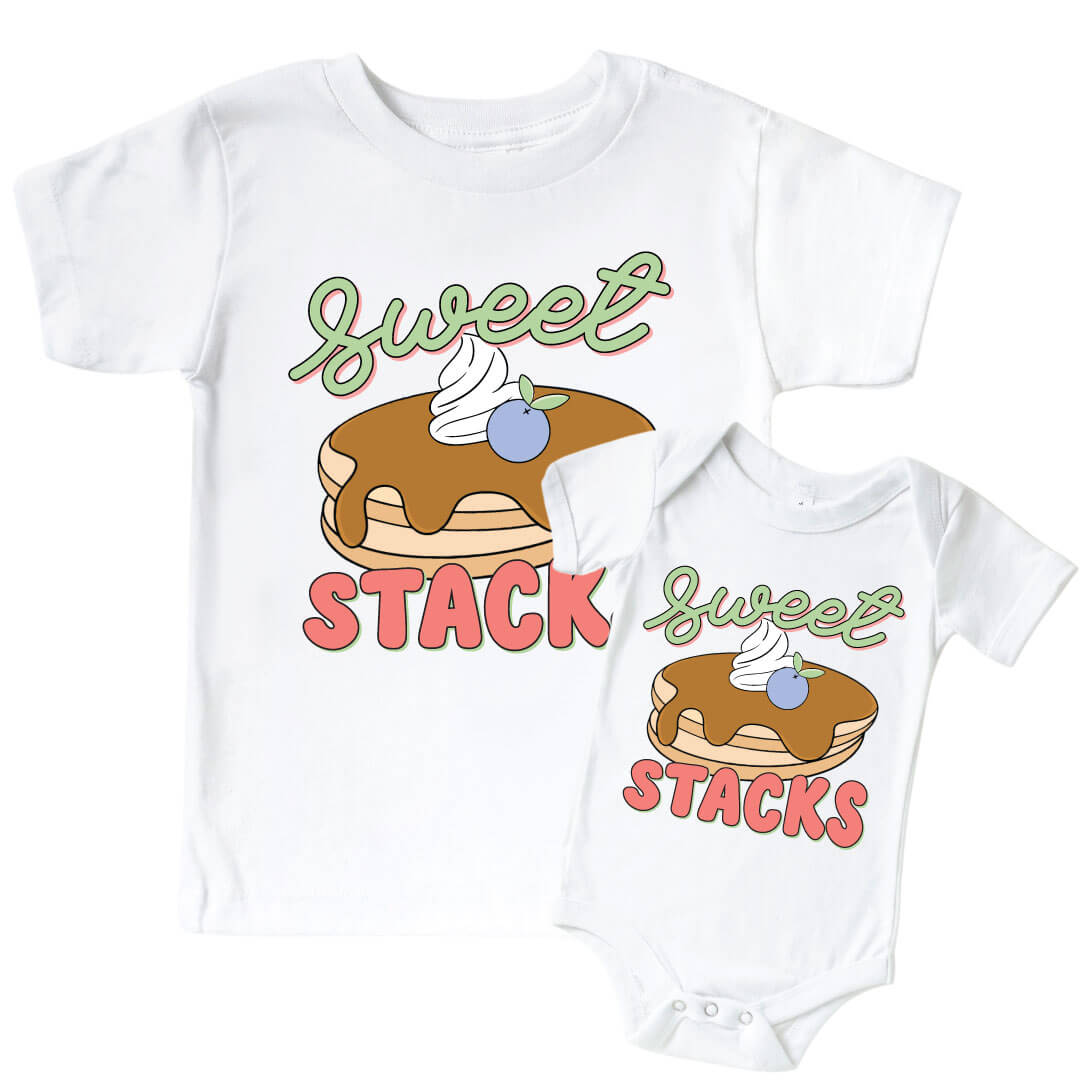 Sweet Stacks Pink Graphic Bodysuit & Kids Tee | White