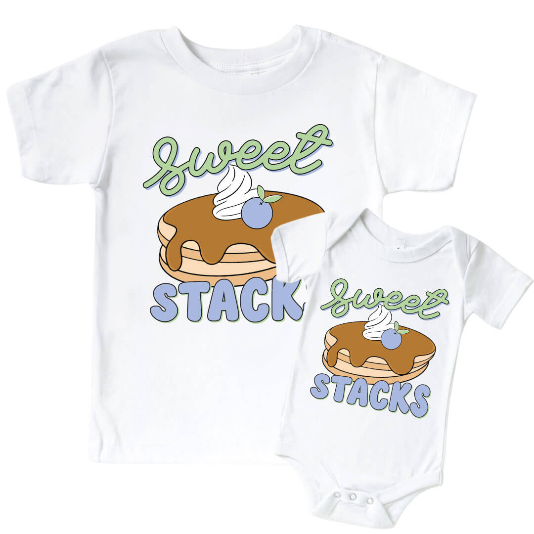 Sweet Stacks Blue Graphic Bodysuit & Kids Tee | White