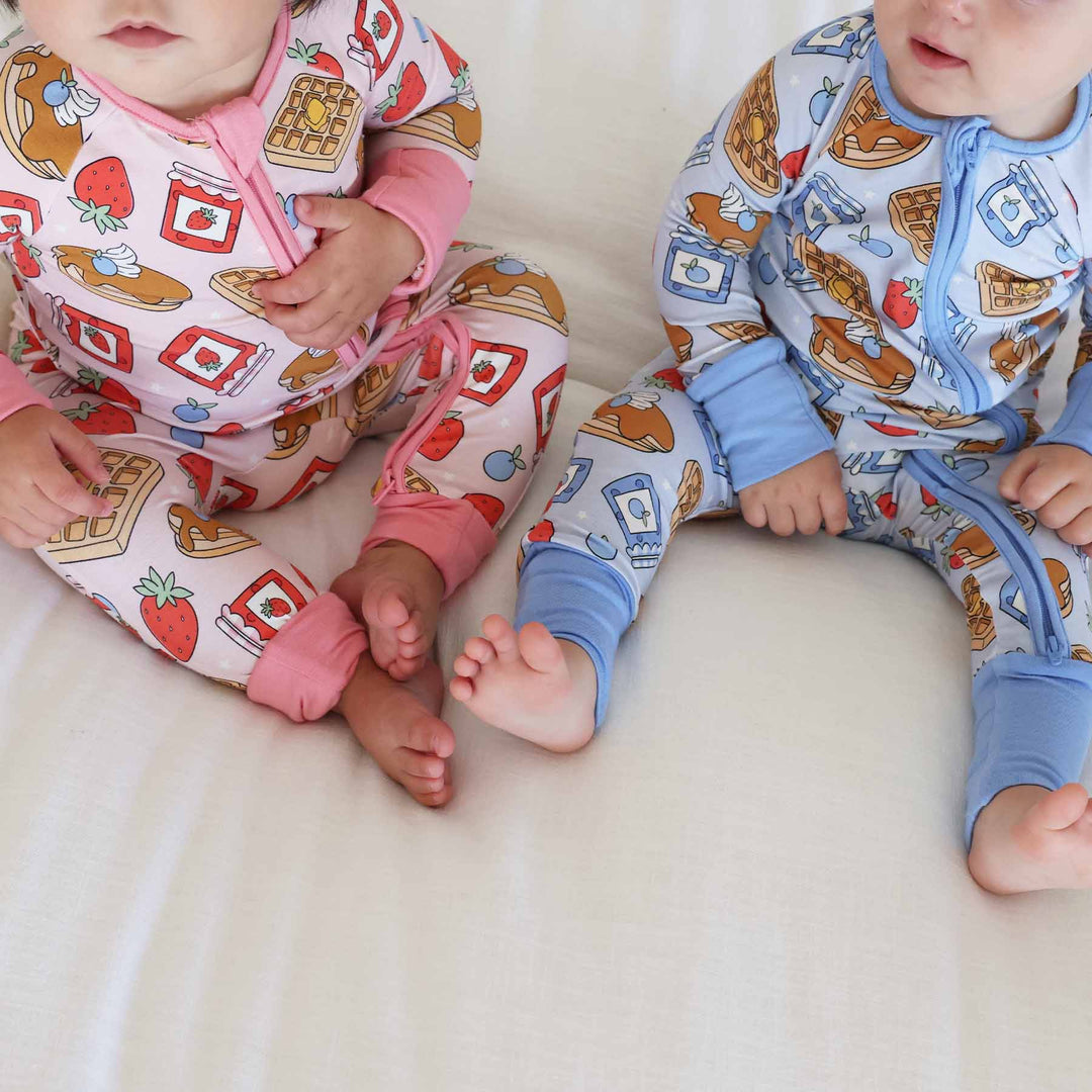 breakfast themed sibling matching pajama rompers 
