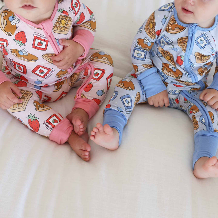 breakfast themed sibling matching pajama rompers 