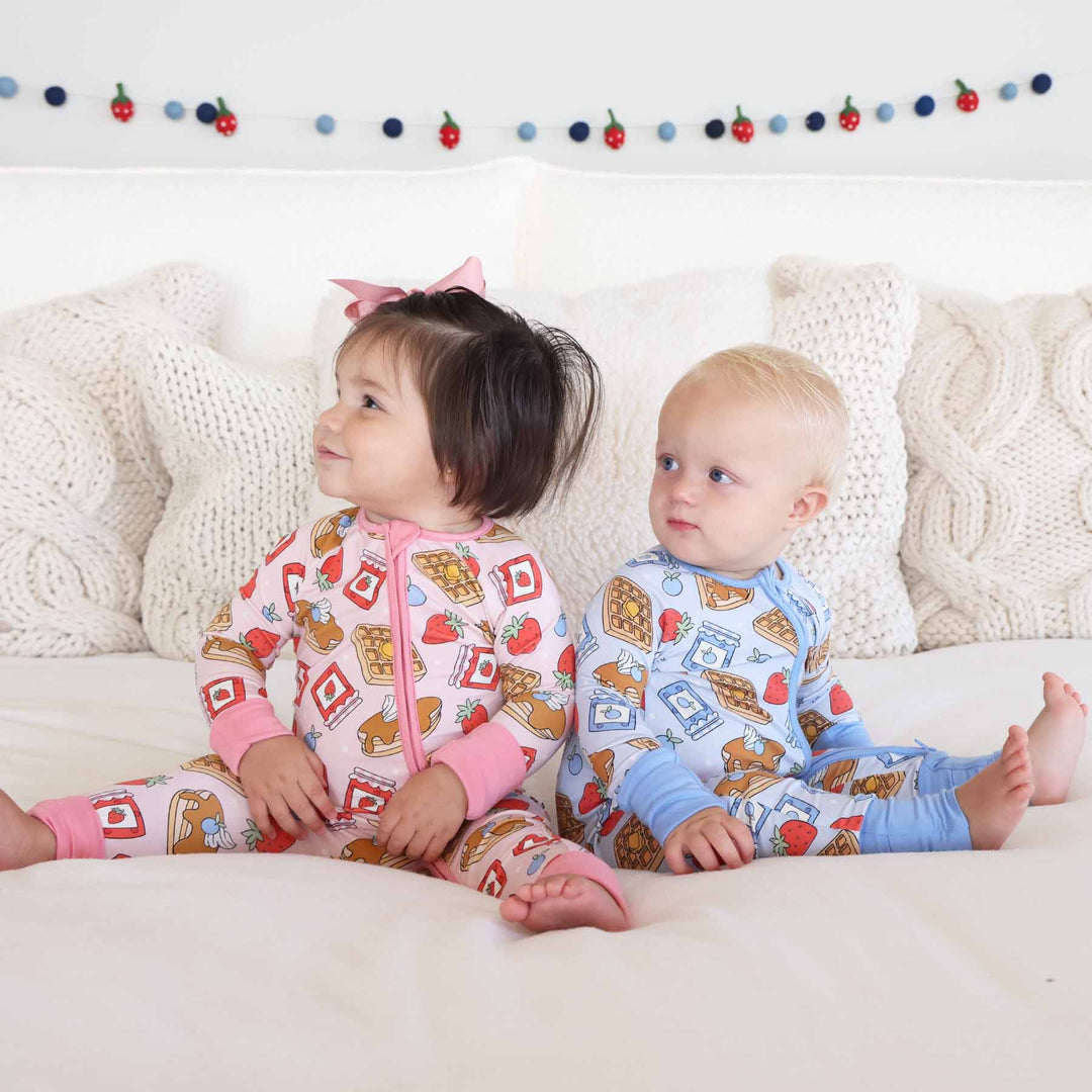 pink and blue breakfast themed convertible zip romper pajamas for brothers and sisters 