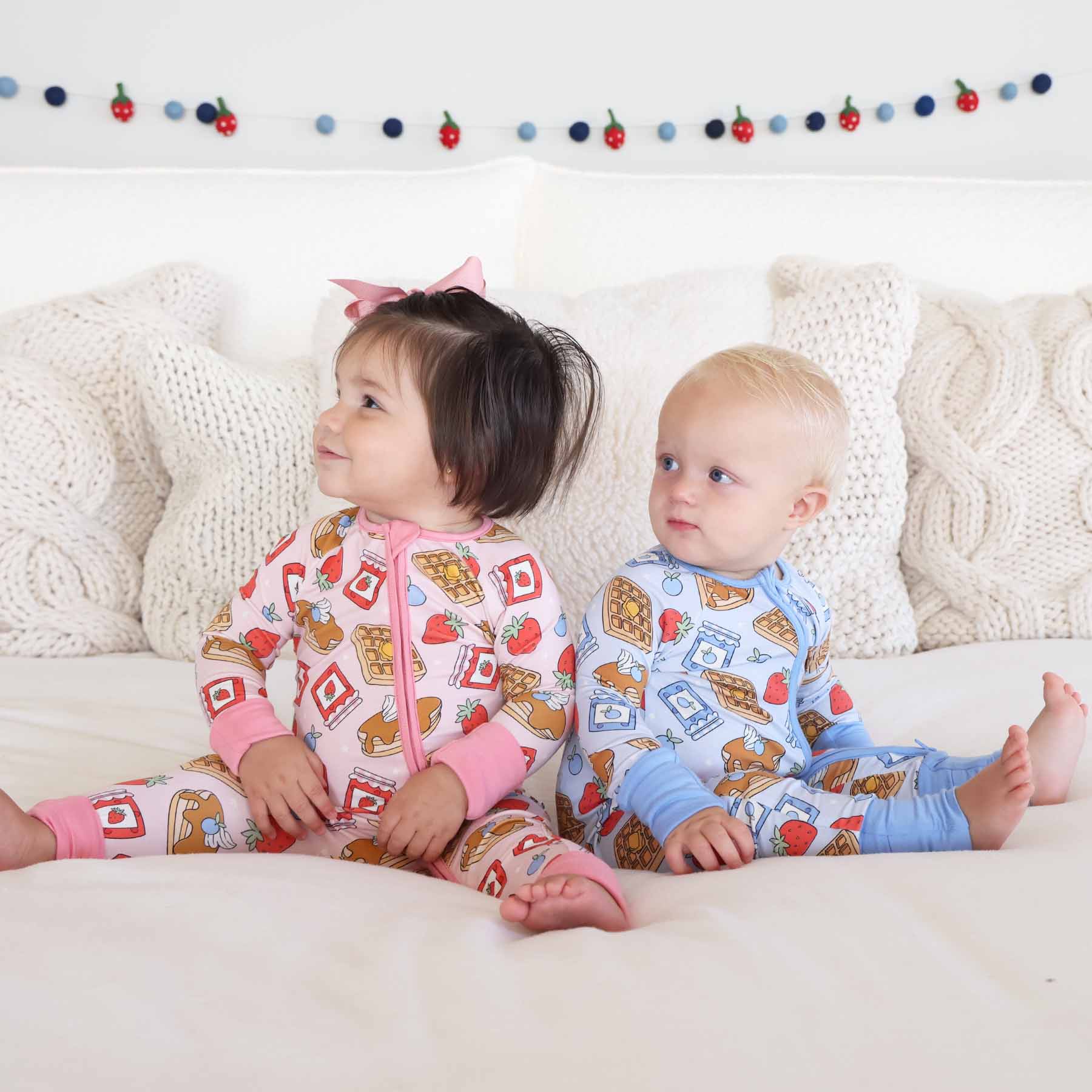 pink and blue breakfast themed convertible zip romper pajamas for brothers and sisters 