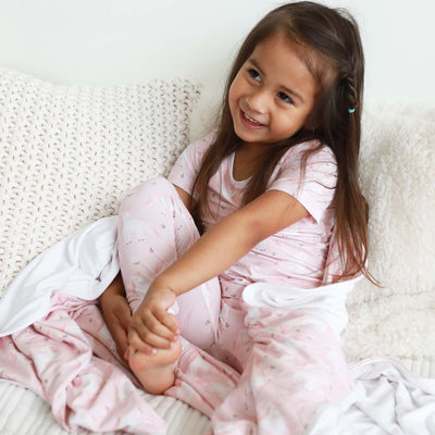 two piece pajama set for kids with unicorns and flowers made of bamboo