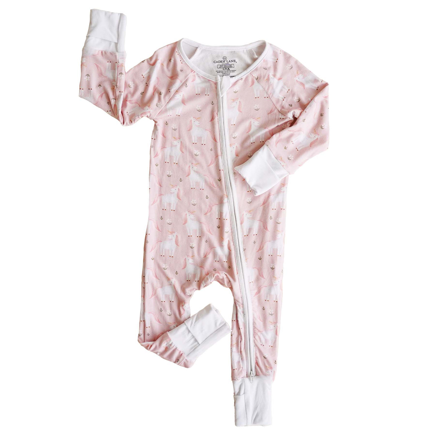 pink convertible zip romper with unicorns for babies 