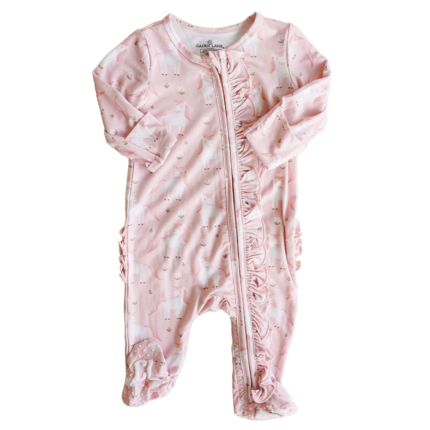 pink unicorn zipper footie for baby with ruffles