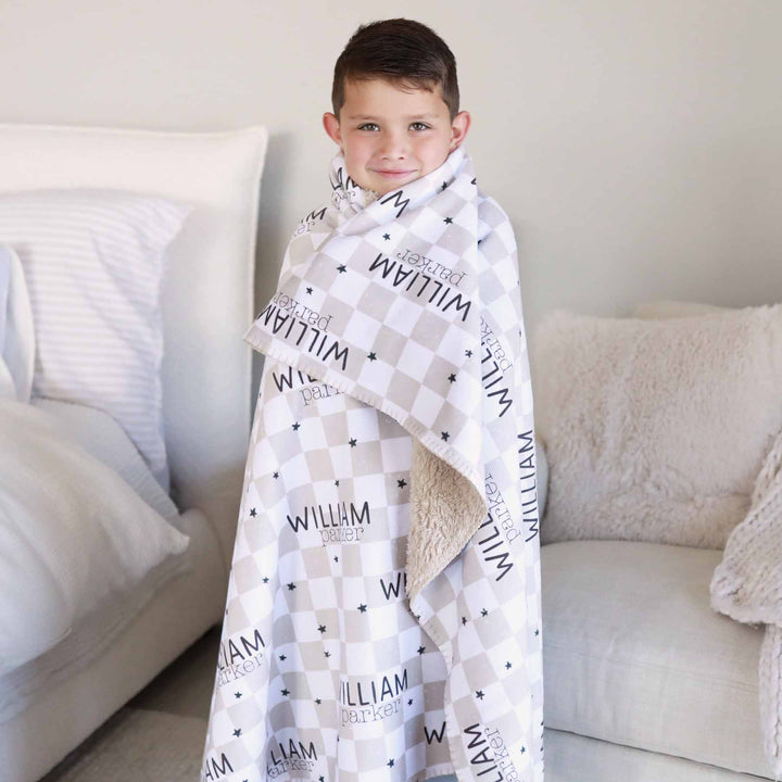 tan check personalized kids blanket with fur