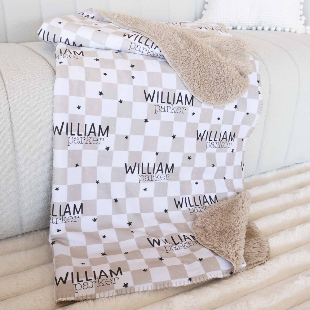 check and star personalized blanket for kid with fur