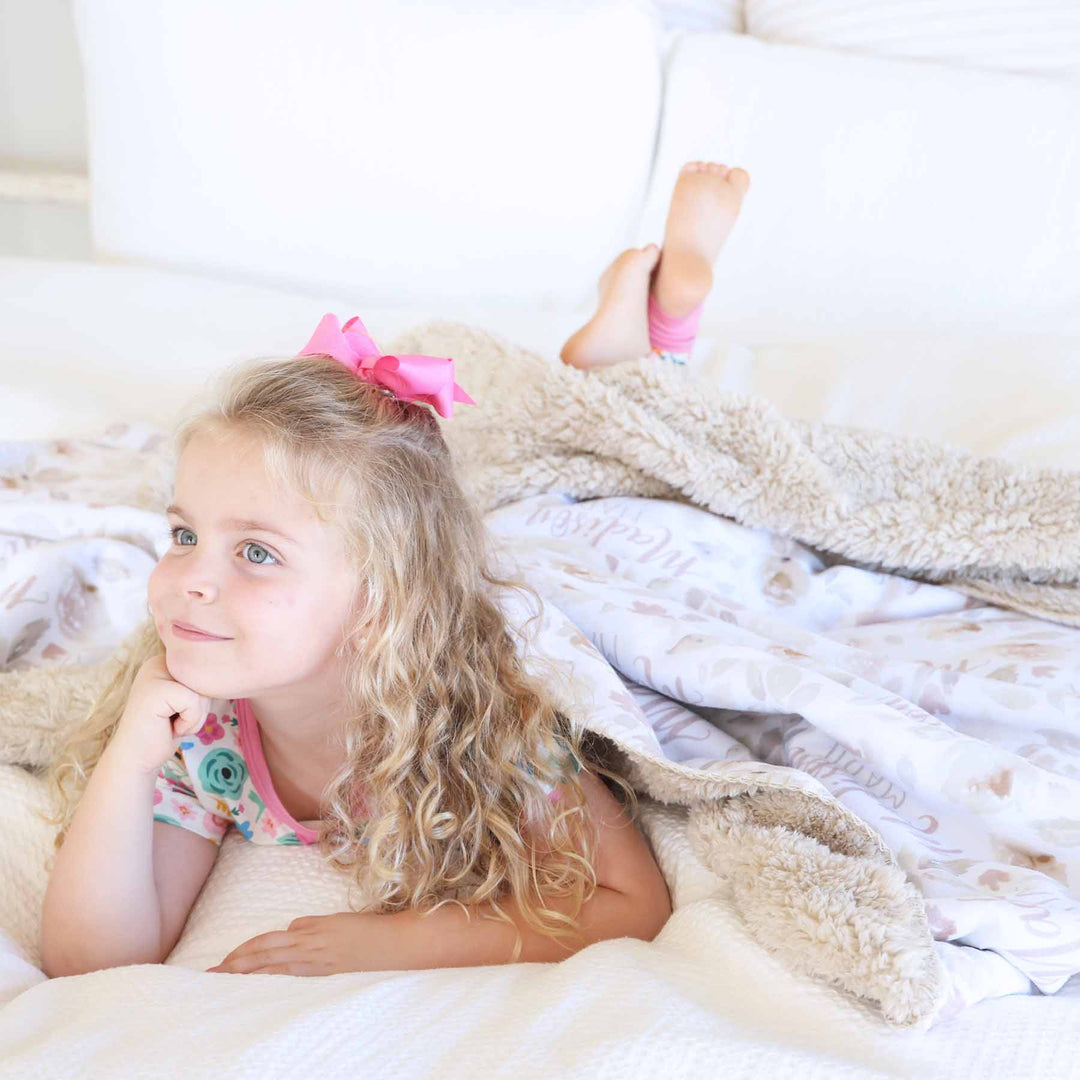 taupe floral personalized fuzzy blanket for kids 