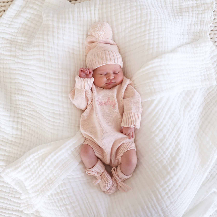 pink newborn girl outfit with matching beanie and booties
