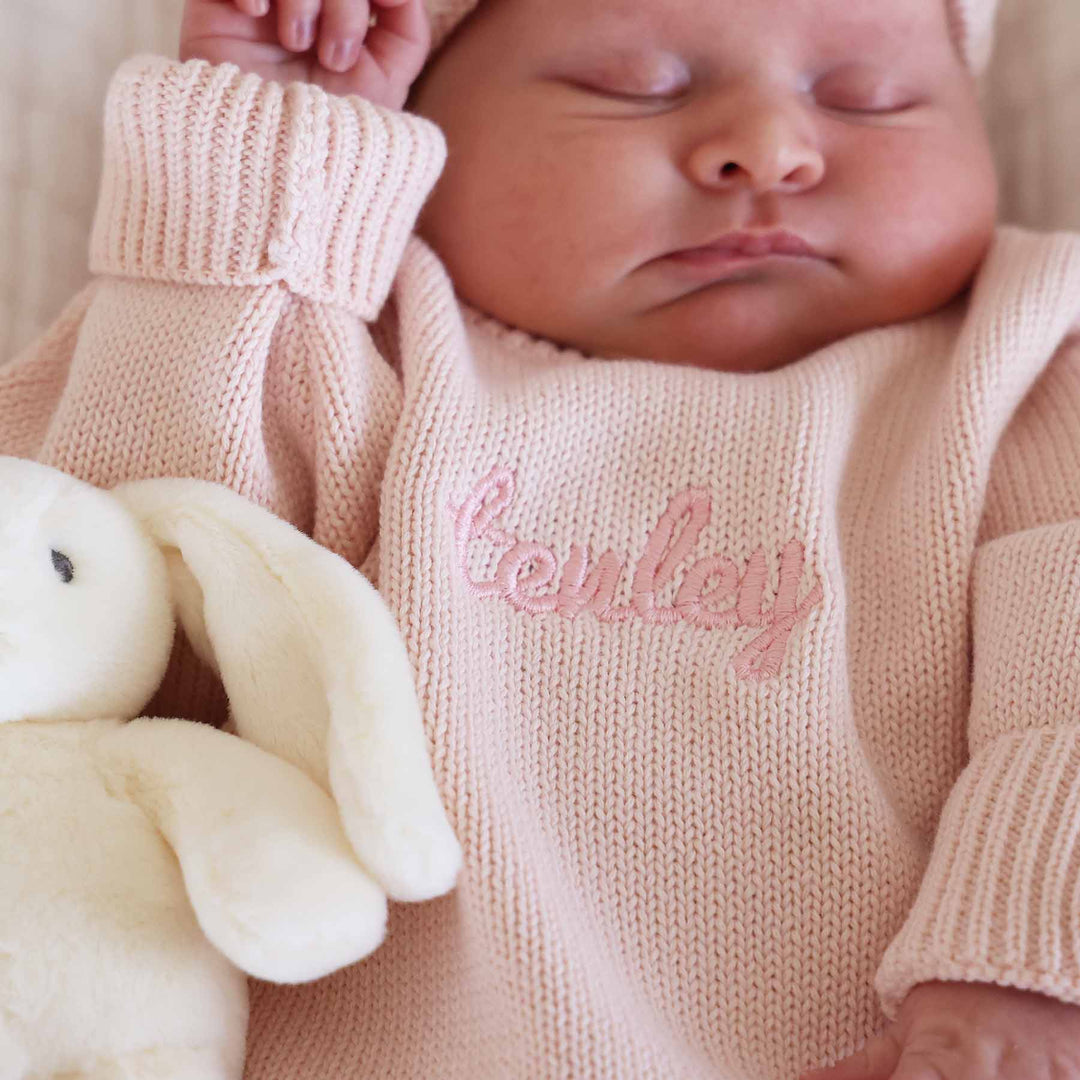 tea rose long sleeve knit sweater romper for girls with matching beanie and booties 