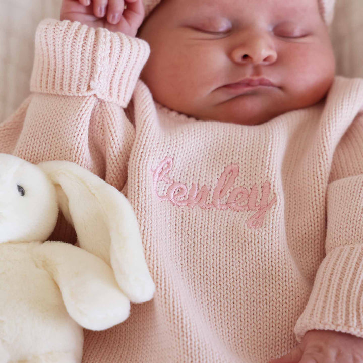 tea rose long sleeve knit sweater romper for girls with matching beanie and booties 