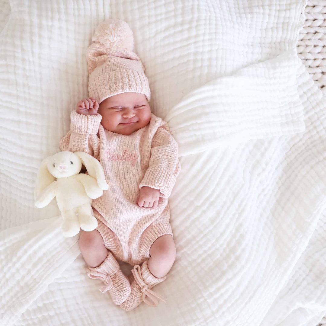 tea rose light pink embroidered knit sweater romper with pom pom beanie and booties
