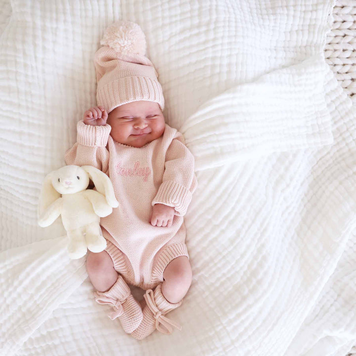 tea rose light pink embroidered knit sweater romper with pom pom beanie and booties