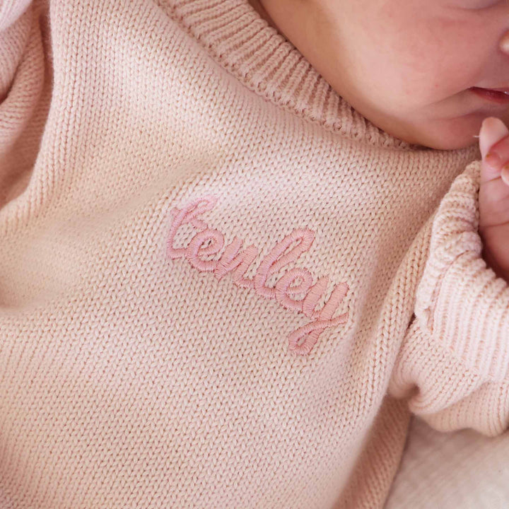 light pink thread embroidered knit sweater bubble romper 