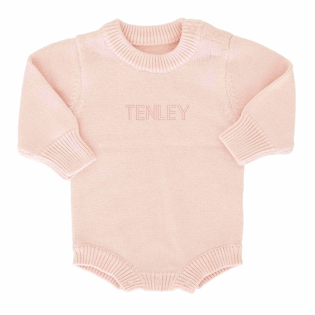 light pink embroidered bubble romper with block font 