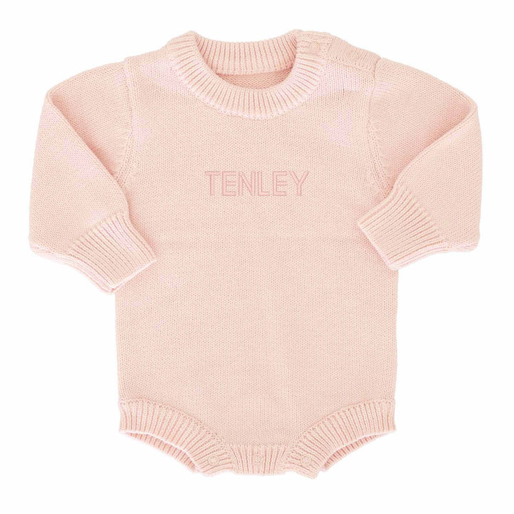 light pink embroidered bubble romper with block font 