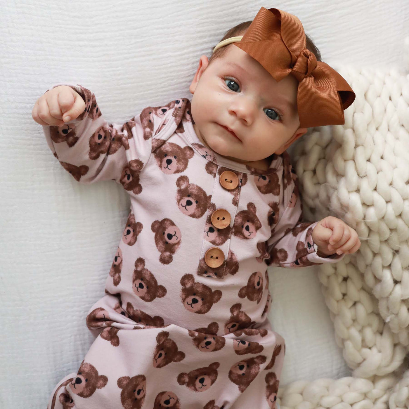 teddy bear knot gown and hat set tying