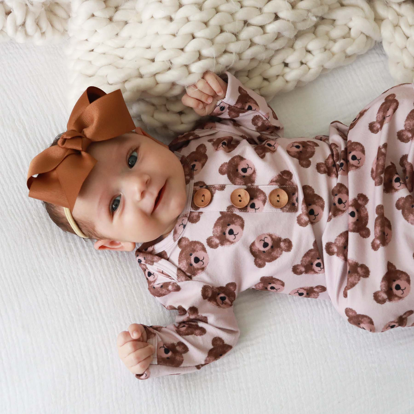 tying knot gown and hat set for newborns with bears 