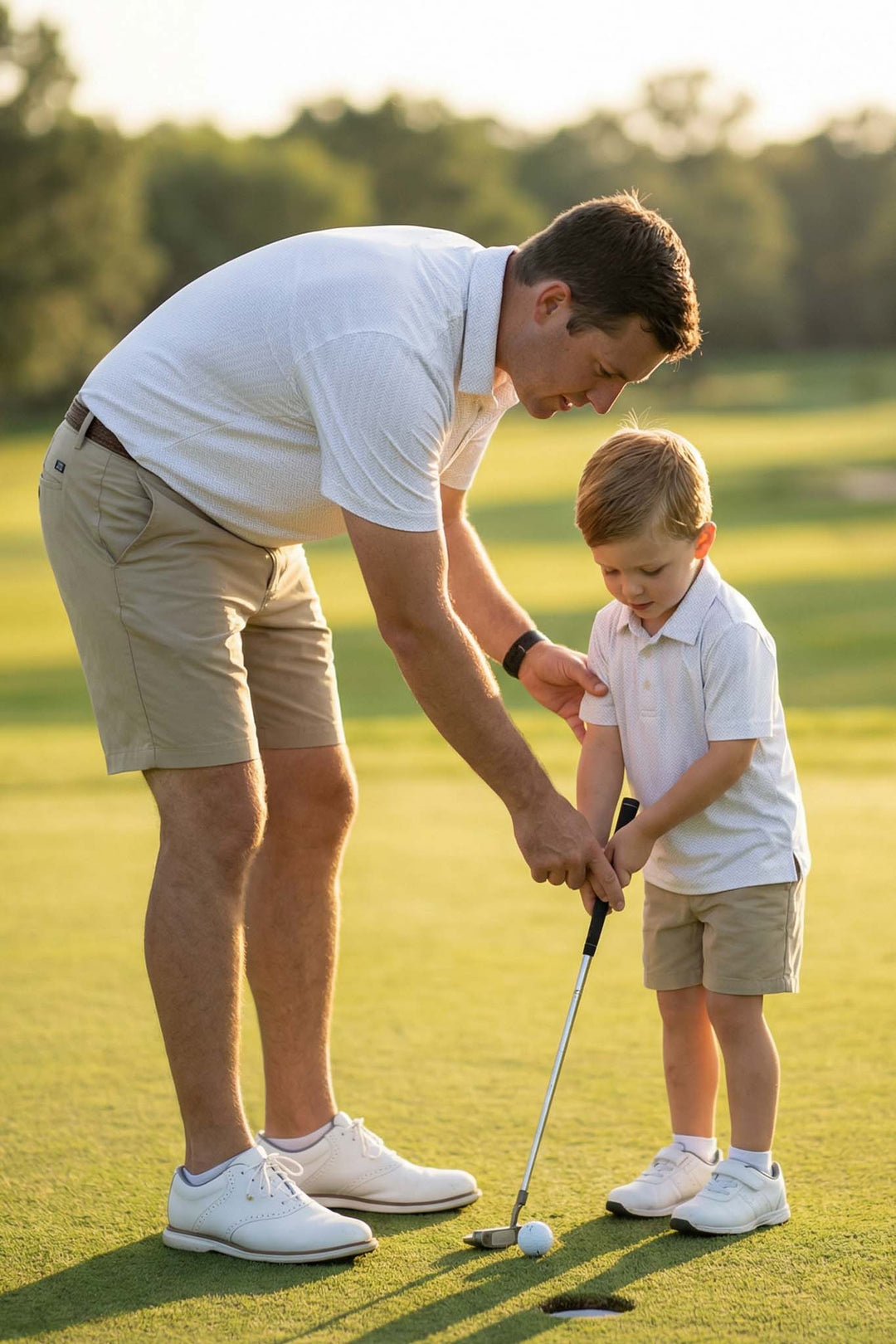 father and son playing golf wearing matching golf themed polo shirts 