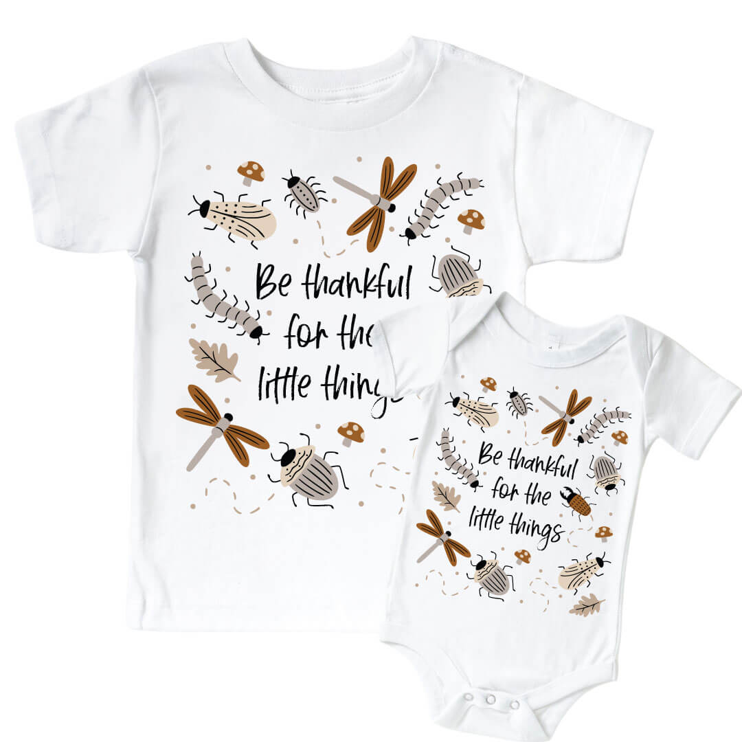 Thankful For Little Things Graphic Bodysuit & Kids Tee | White