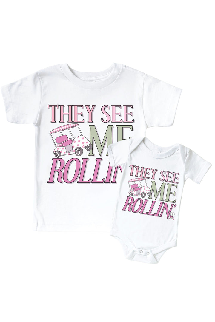 golf they see me rollin' graphic bodysuit and kids tee set in white with pink print, caddie crew collection