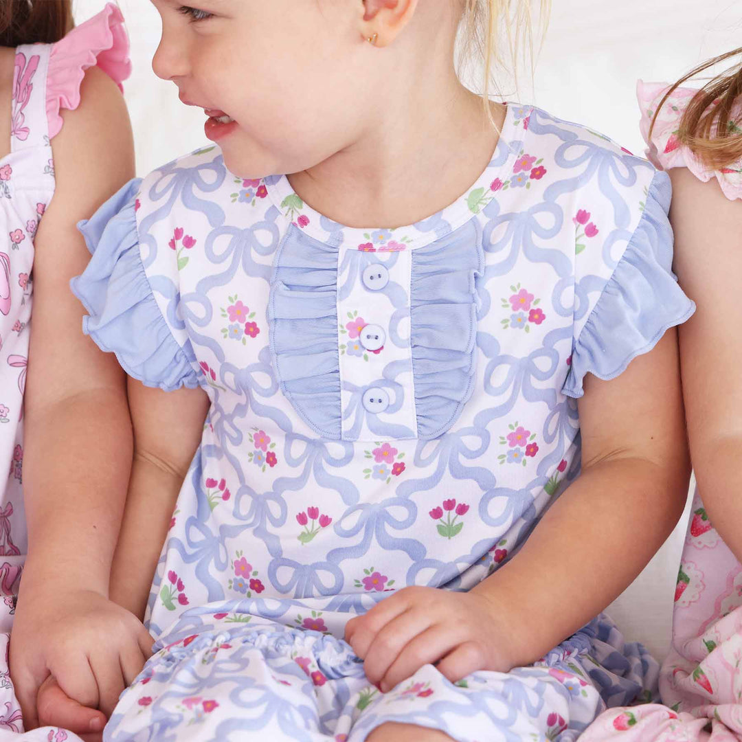 blue bow and floral short sleeve ruffle nightgowns for girls 