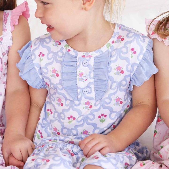 blue bow and floral short sleeve ruffle nightgowns for girls 