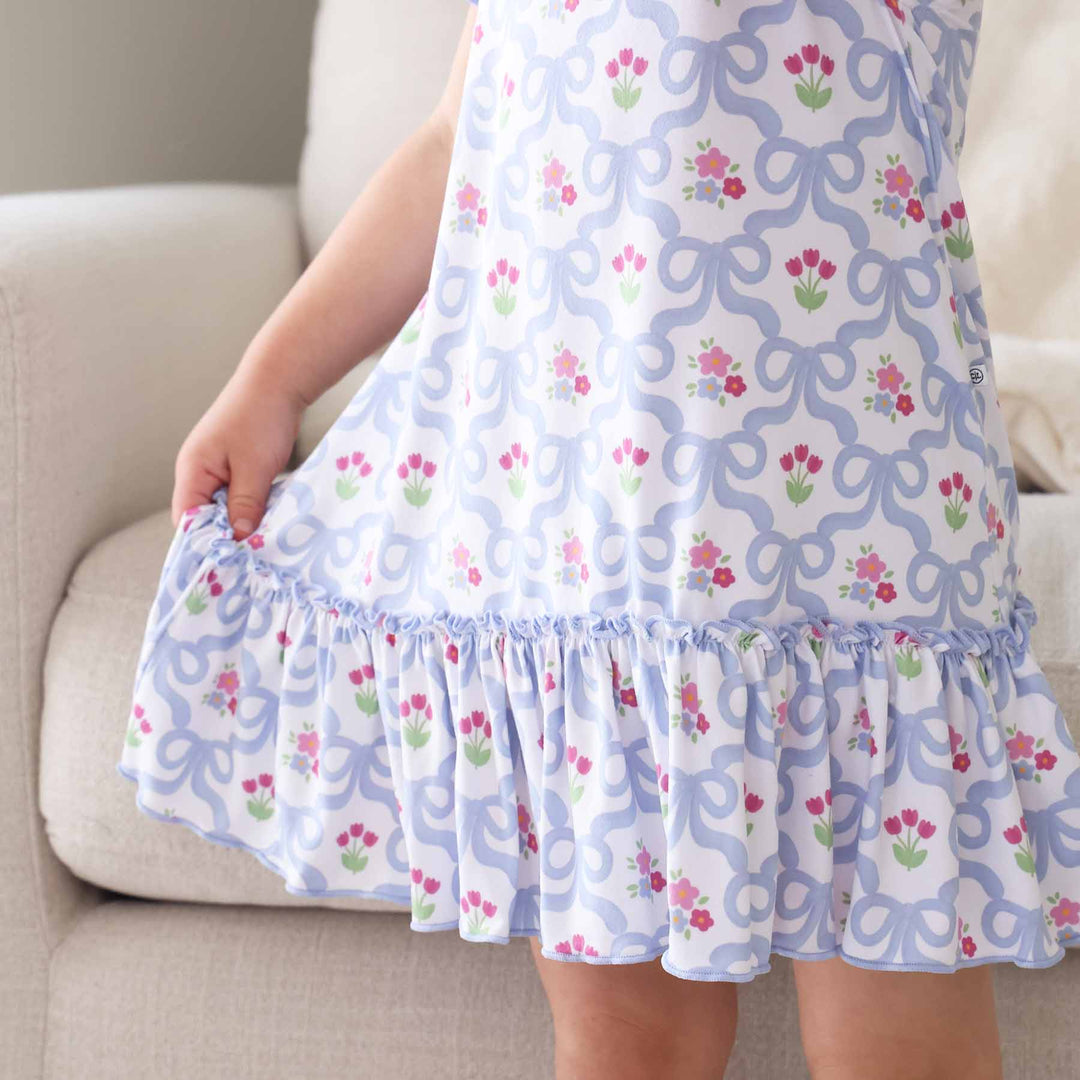 bow and floral short sleeve summer nightgown for girls 